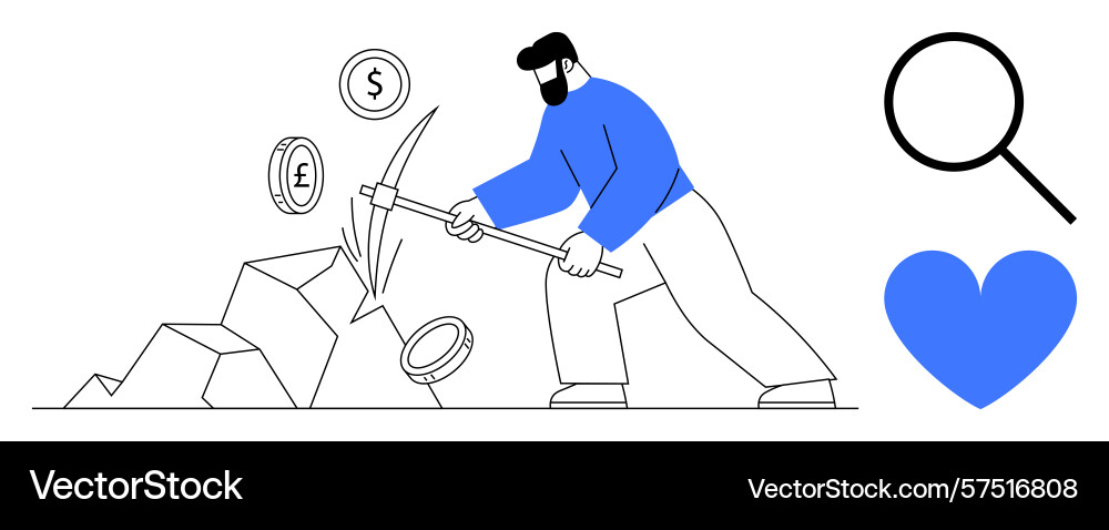 Man mining coins with pickaxe representing Man mining coins with pickaxe representing vector image