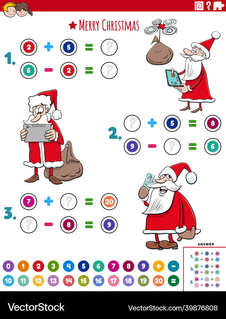 Math addition and subtraction task with santa Math addition and subtraction task with santa vector image