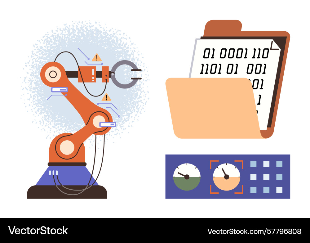 Robotic arm with binary data and control panel Robotic arm with binary data and control panel vector image