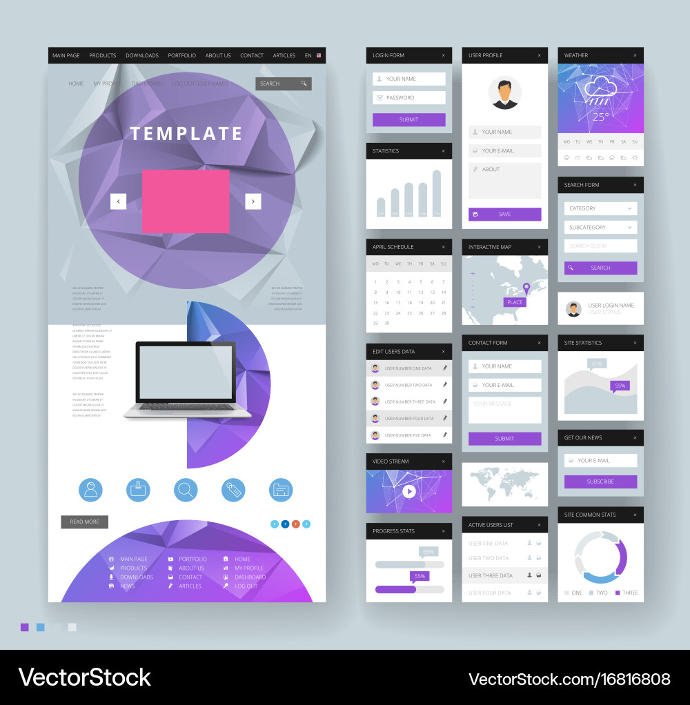 Website template design with interface elements vector image
