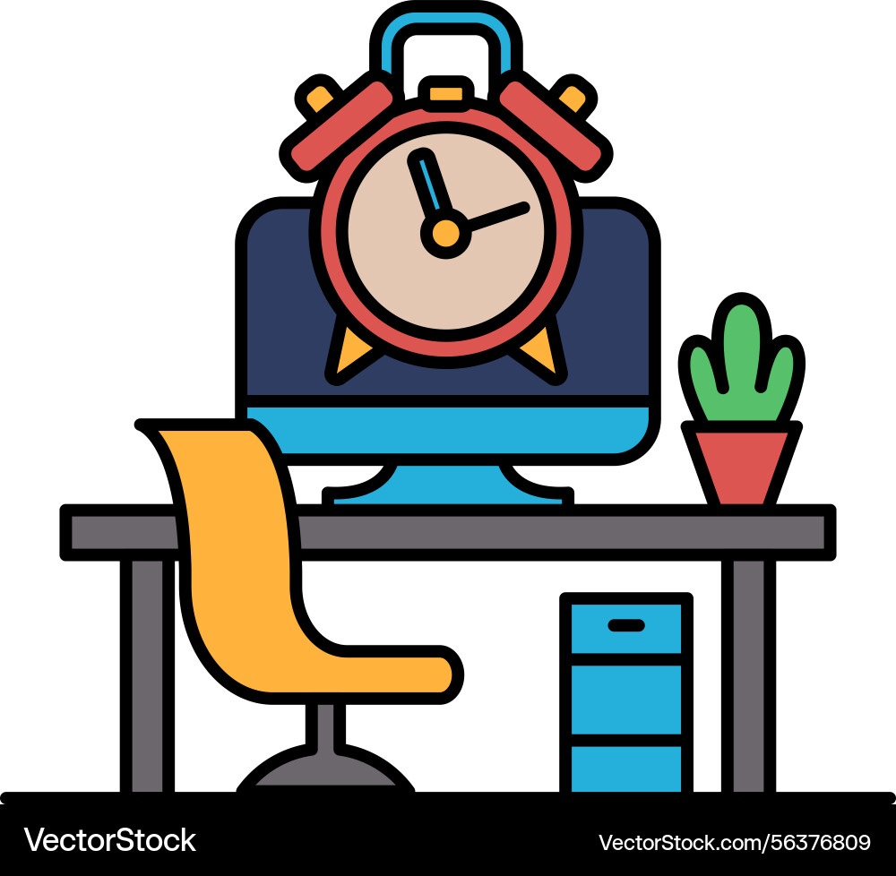 A computer desk with clock on it and plant A computer desk with clock on it and plant Vector Image