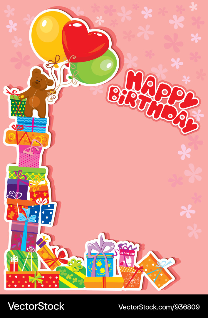 Baby birthday card with teddy bear and gift boxes Vector Image