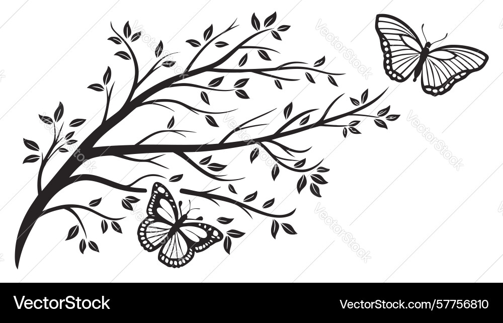 Delicate branch with butterflies line art design Vector Image