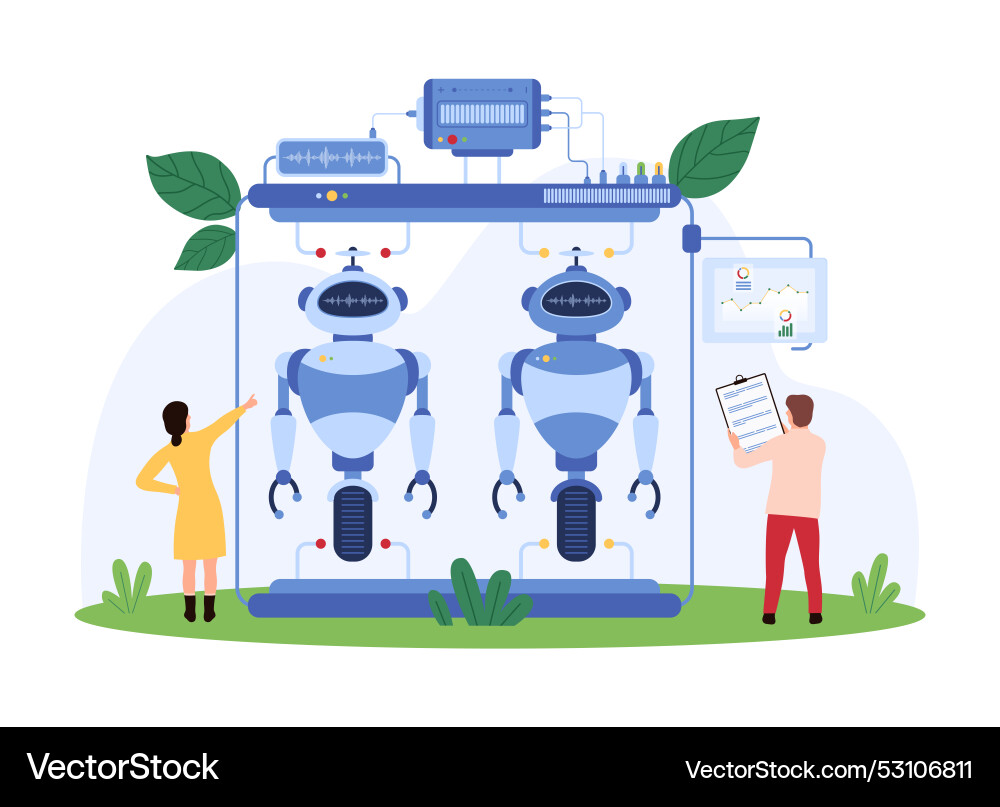 Engineers constructing advanced robots concept Vector Image