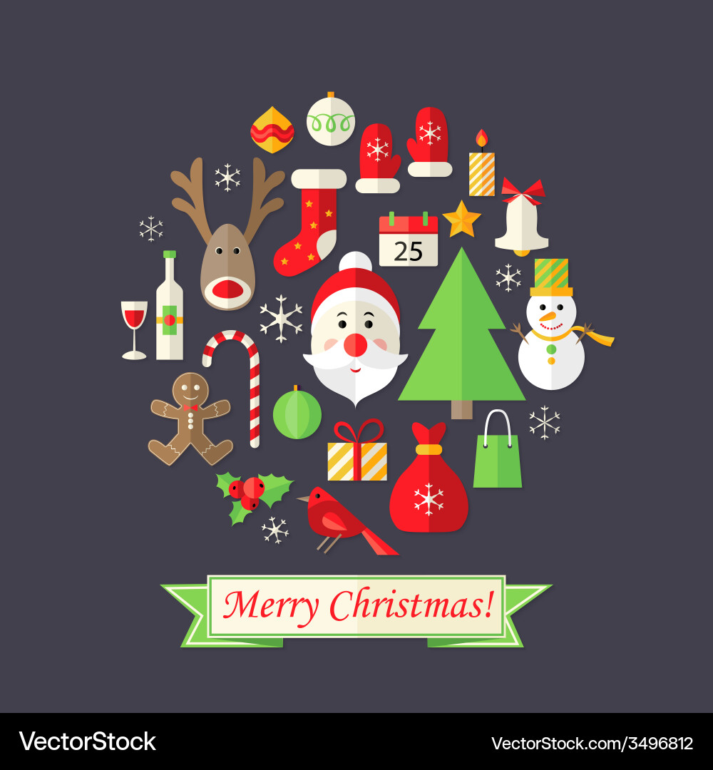 Christmas card with flat icons set and santa claus Vector Image