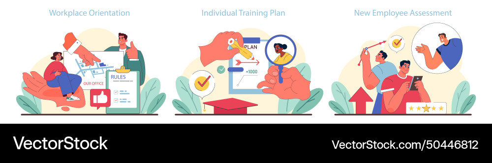 Orientation set first day at work with office map Orientation set first day at work with office map Vector Image