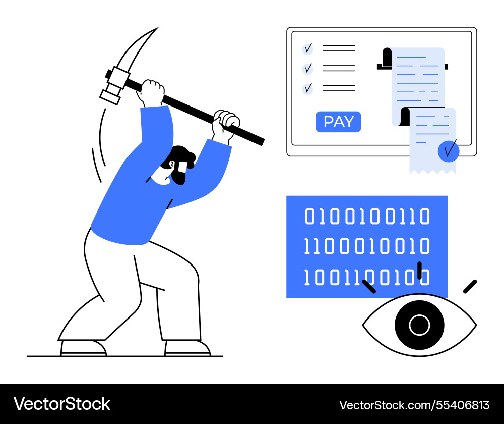 Character mining cryptocurrency with pickaxe Character mining cryptocurrency with pickaxe vector image