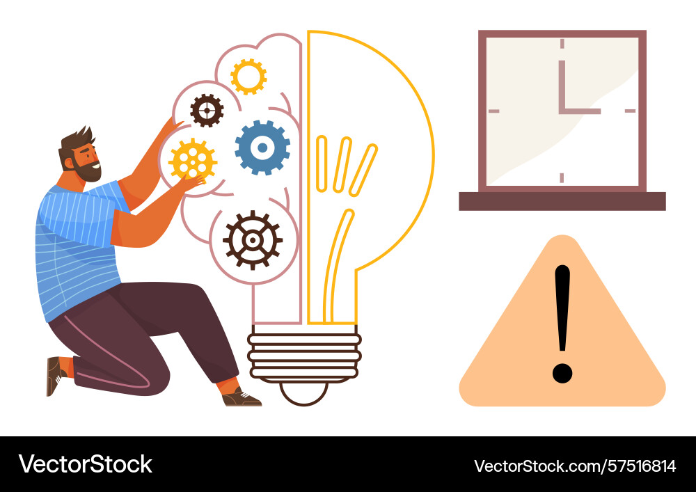 Man adjusting cogs inside a light bulb with clock Man adjusting cogs inside a light bulb with clock vector image