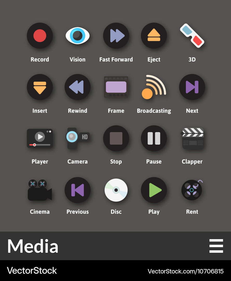 Media Icons - Play, Pause, Rewind Vector Image