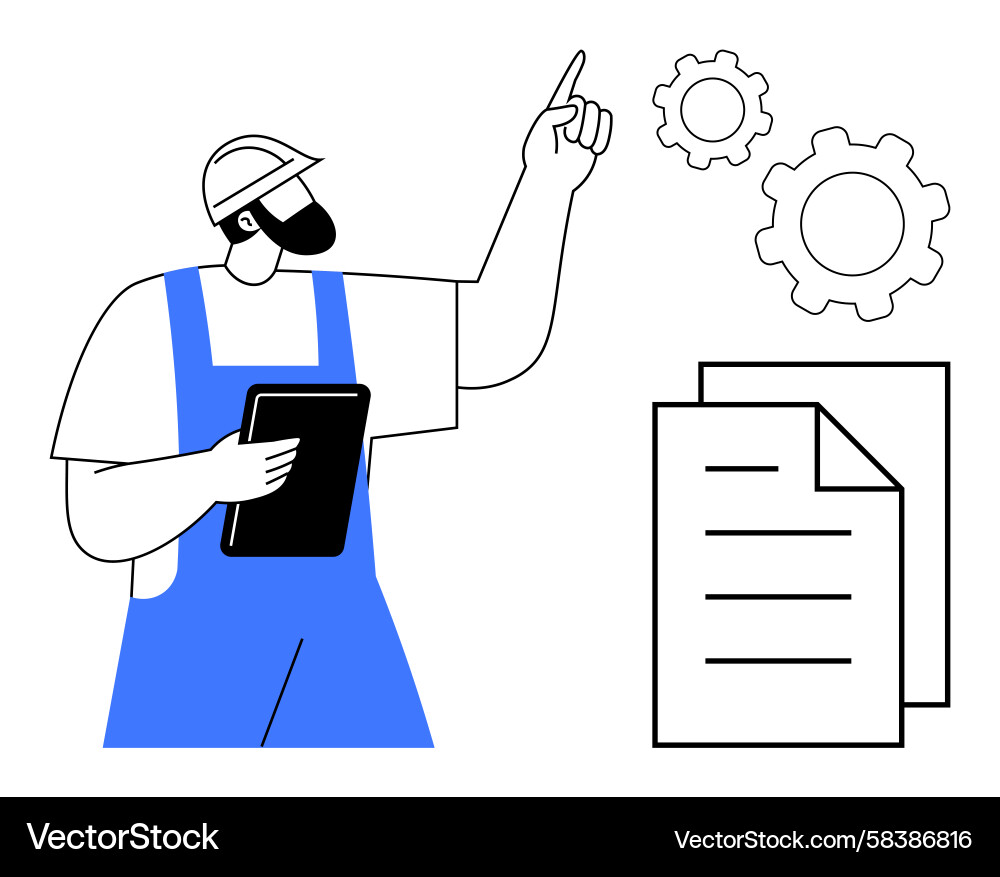 Engineer Analyzing Gears with Tablet Vector Image