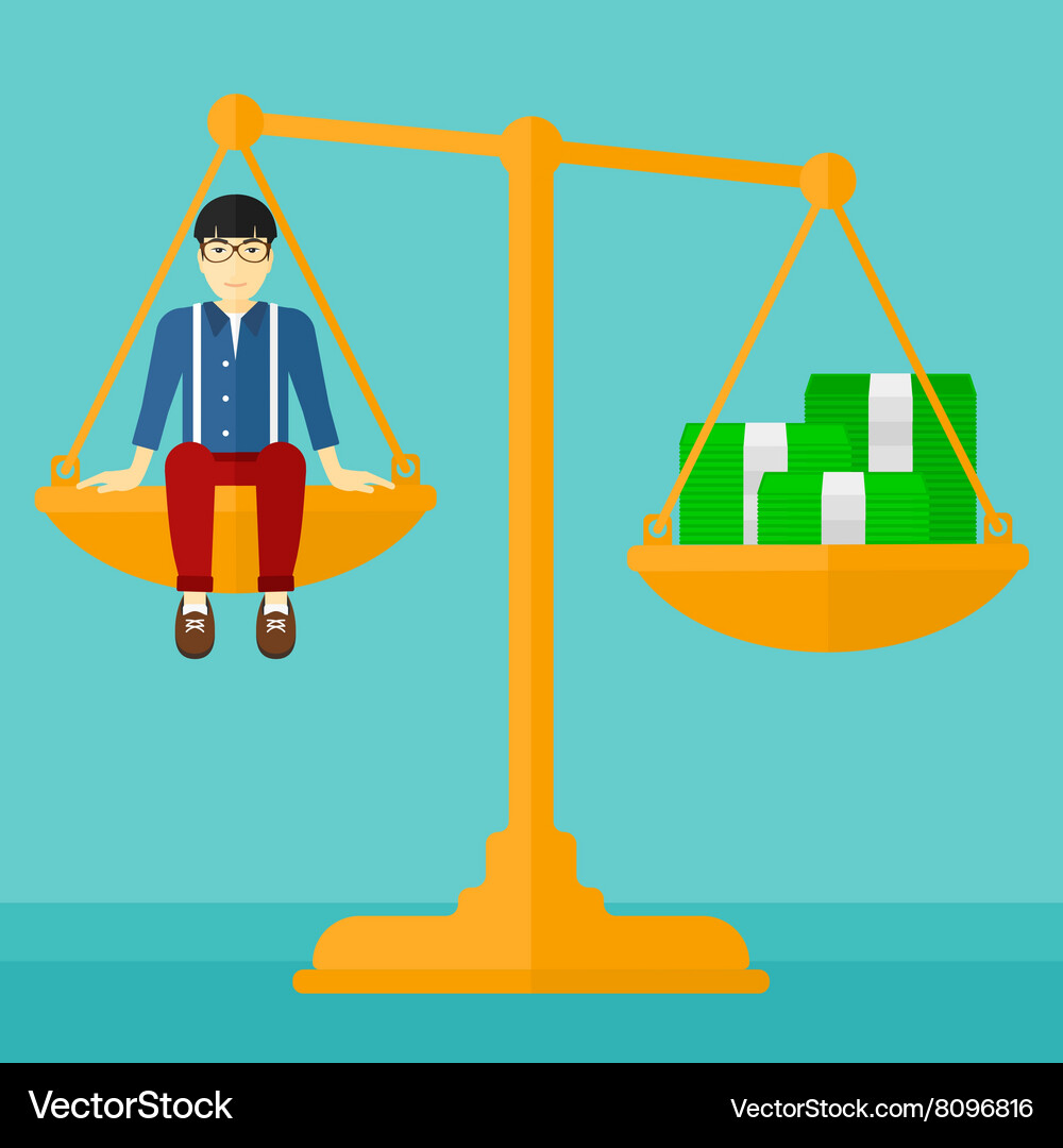 Man sitting on scale with coins Vector Image