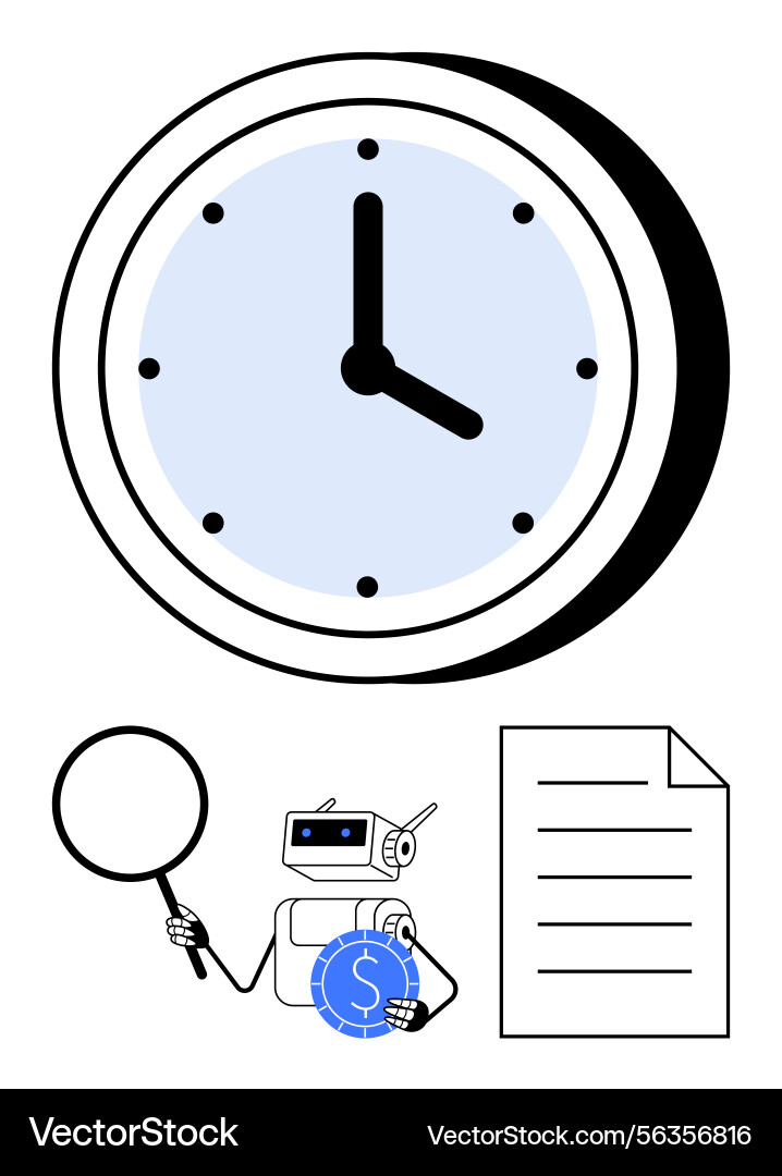 Robot analyzing financial data with magnifying Robot analyzing financial data with magnifying vector image