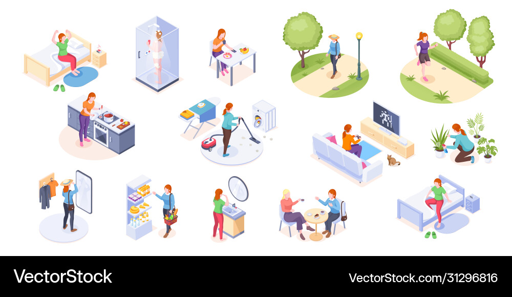Tägliche Heimroutine der Frau - Isometric Vektorbild