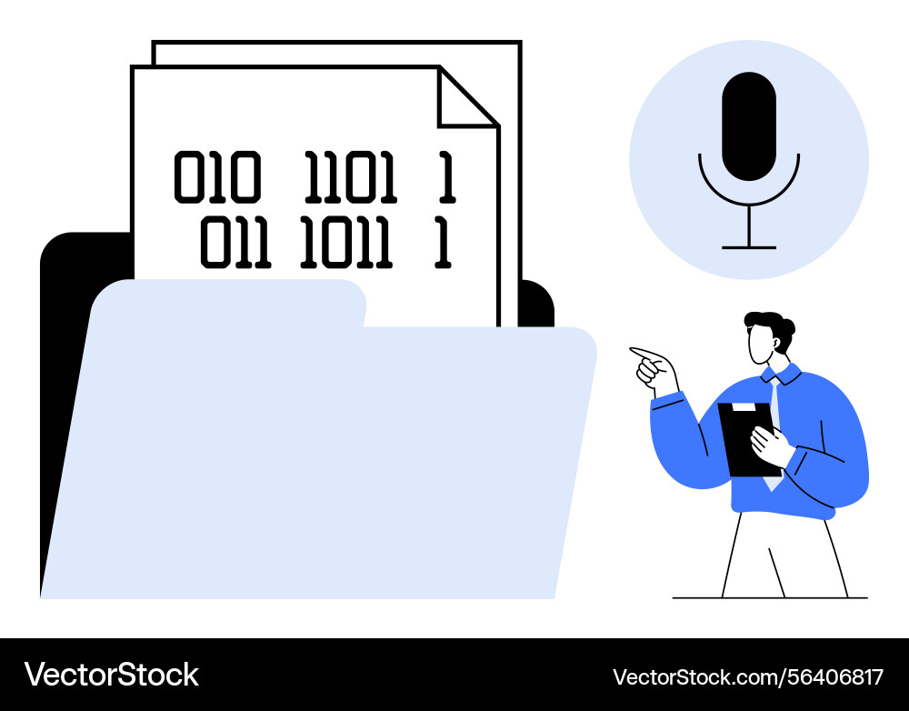 Man explaining data files and digital voice Man explaining data files and digital voice vector image