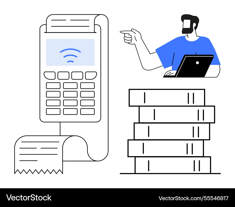 Man with laptop pointing at stack of coins beside Man with laptop pointing at stack of coins beside vector image