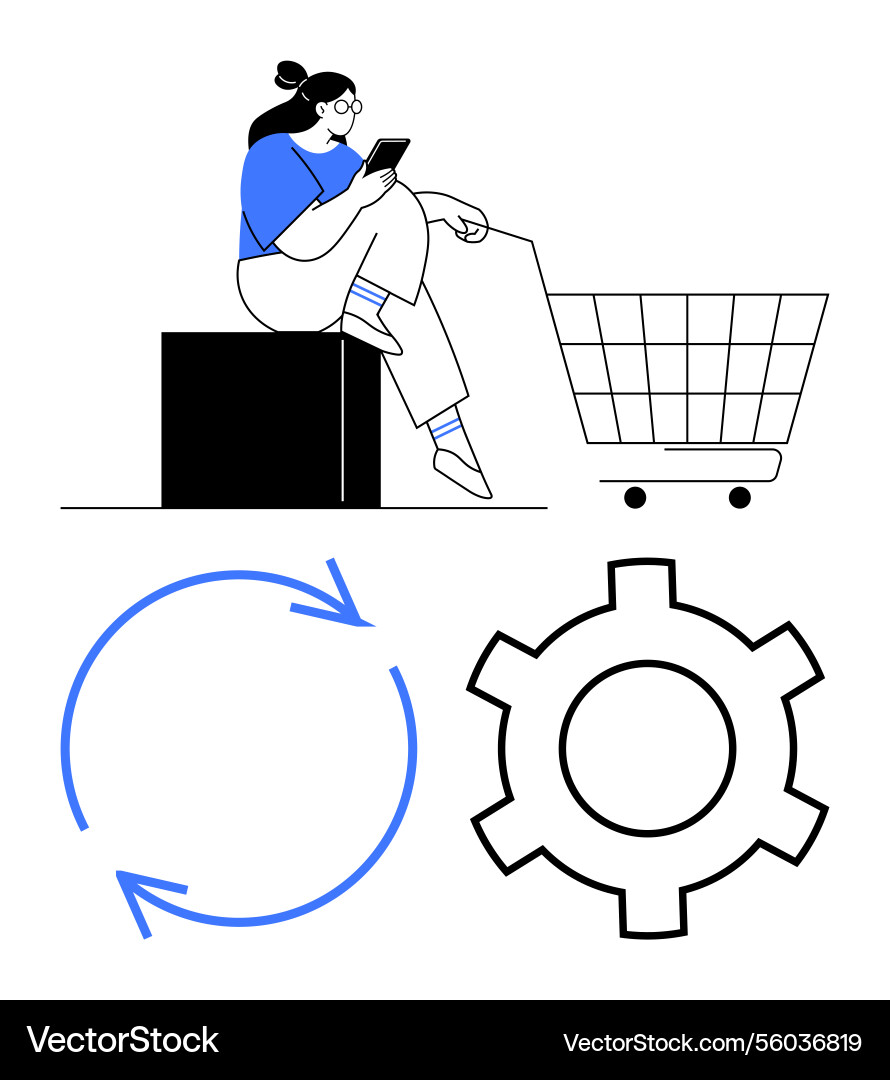 Woman shopping online with smartphone beside cart Woman shopping online with smartphone beside cart vector image