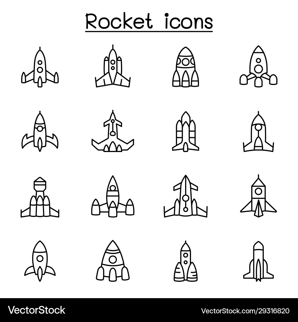 Rocket spaceship spacecraft icon set in thin line Rocket spaceship spacecraft icon set in thin line vector image