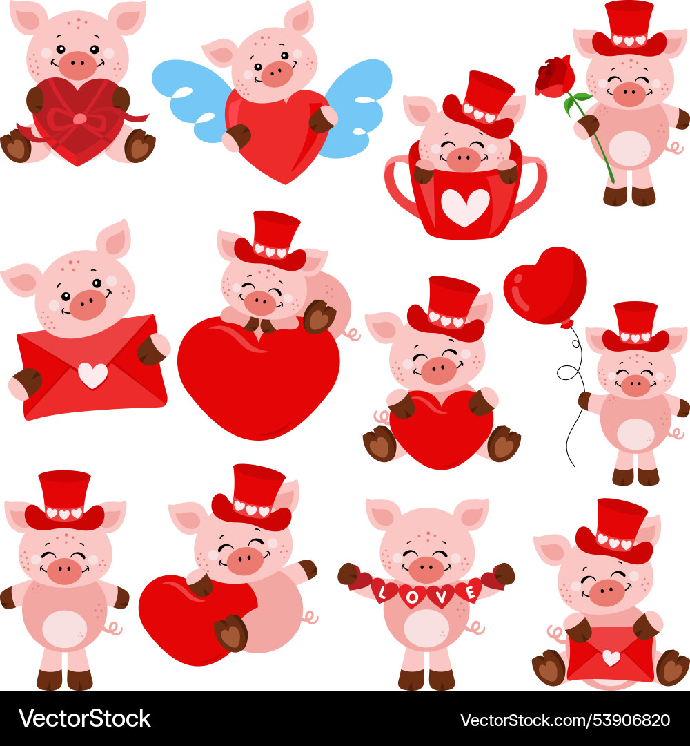 Set digital collage of funny love valentine pig Set digital collage of funny love valentine pig vector image