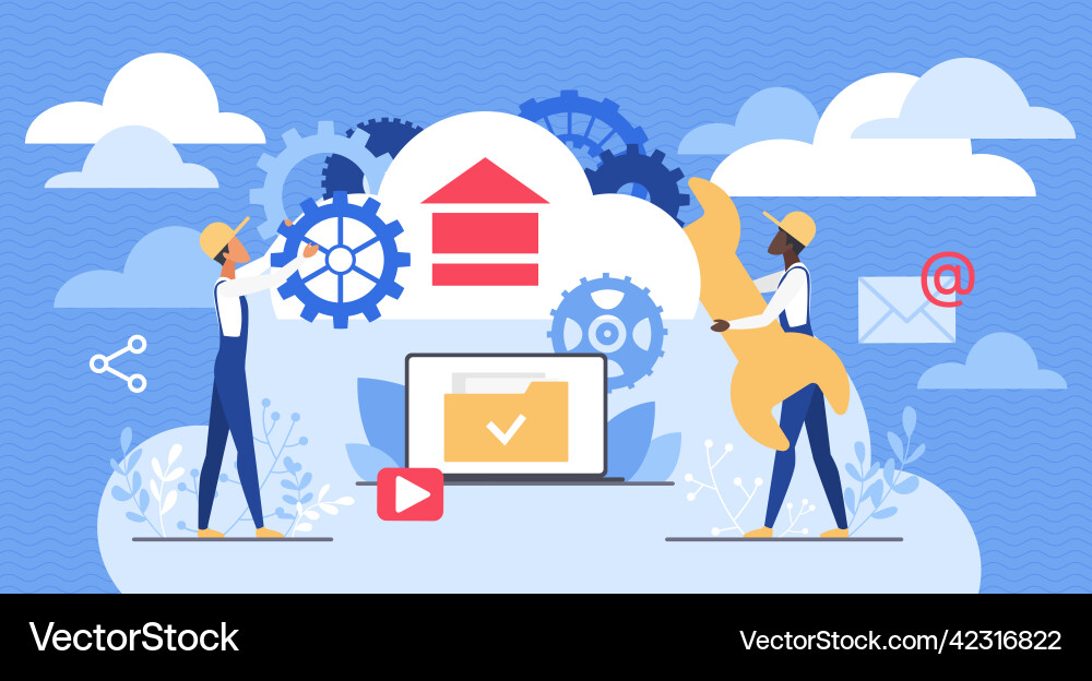 Cloud service data storage tiny tech team Vector Image