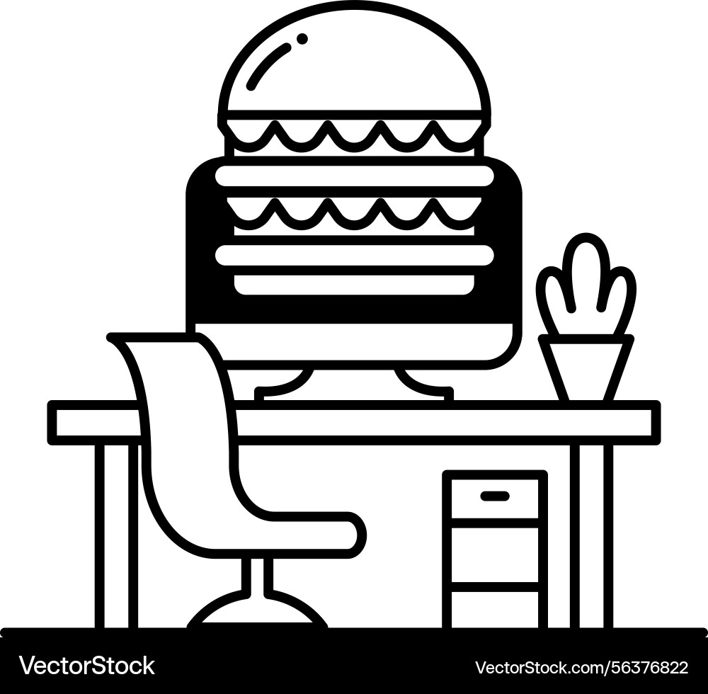Computer monitor sits on a desk with large Computer monitor sits on a desk with large vector image