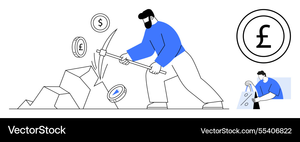 Man mining cryptocurrencies with pickaxe vector image