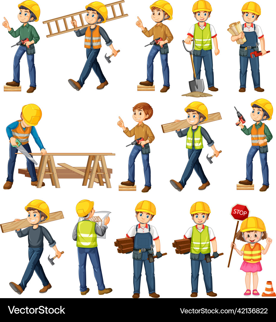 Set of construction site objects and workers vector image
