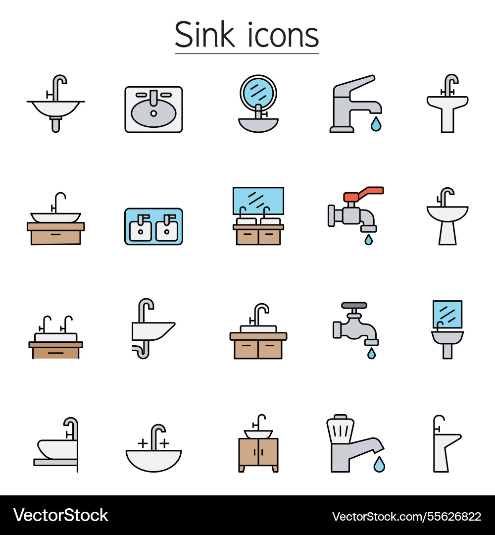 Sink and faucet icon set in color line style Sink and faucet icon set in color line style vector image