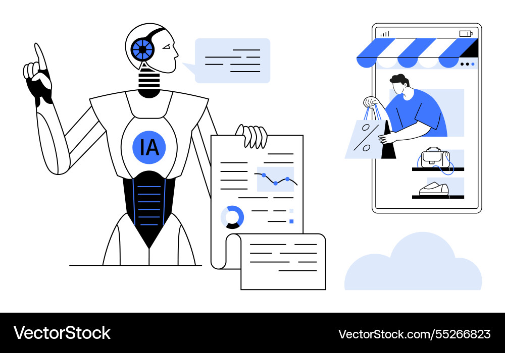 Ai robot pointing at e-commerce data with online Ai robot pointing at e-commerce data with online vector image