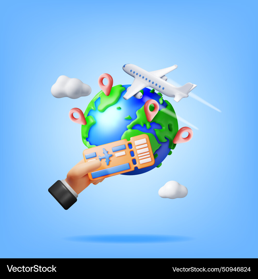 3d airline ticket globe and airplane 3d airline ticket globe and airplane vector image