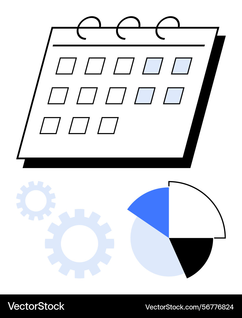 Calendar with pie chart and gears representing Calendar with pie chart and gears representing Vector Image