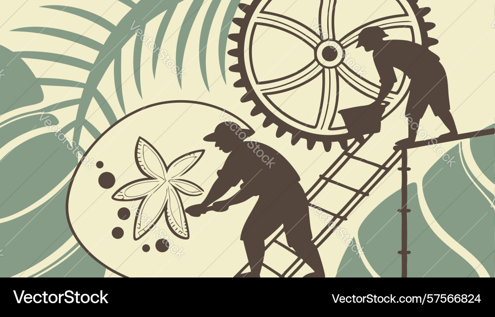 Worker scaling giant gears in an abstract setting vector image