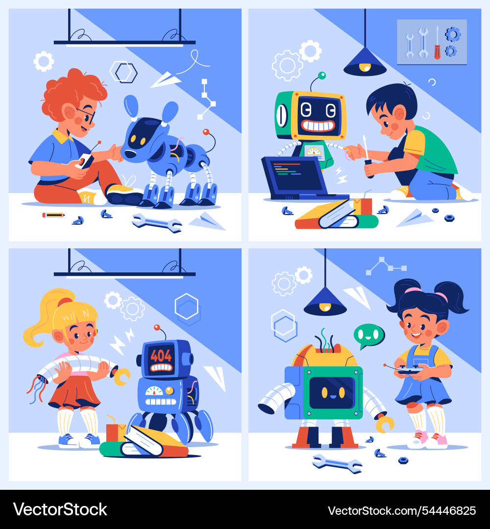 Children building and programming robots Children building and programming robots vector image