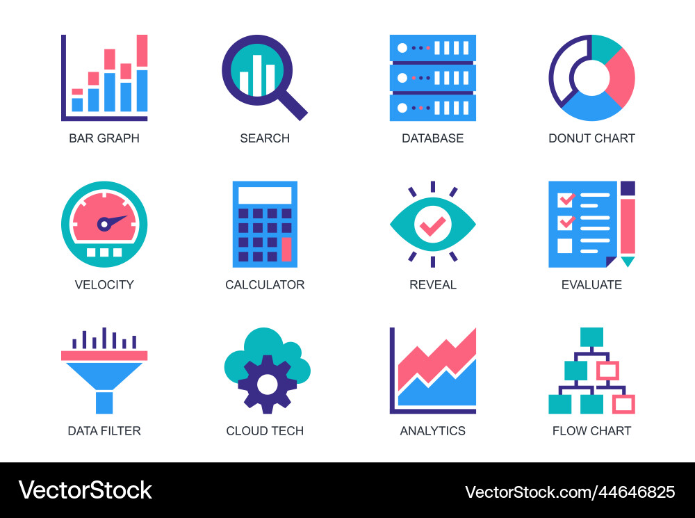 Data analytics concept of web icons set in simple vector image