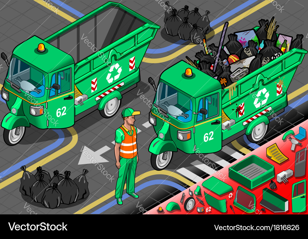 Isometric garbage rickshaw in front view Vector Image
