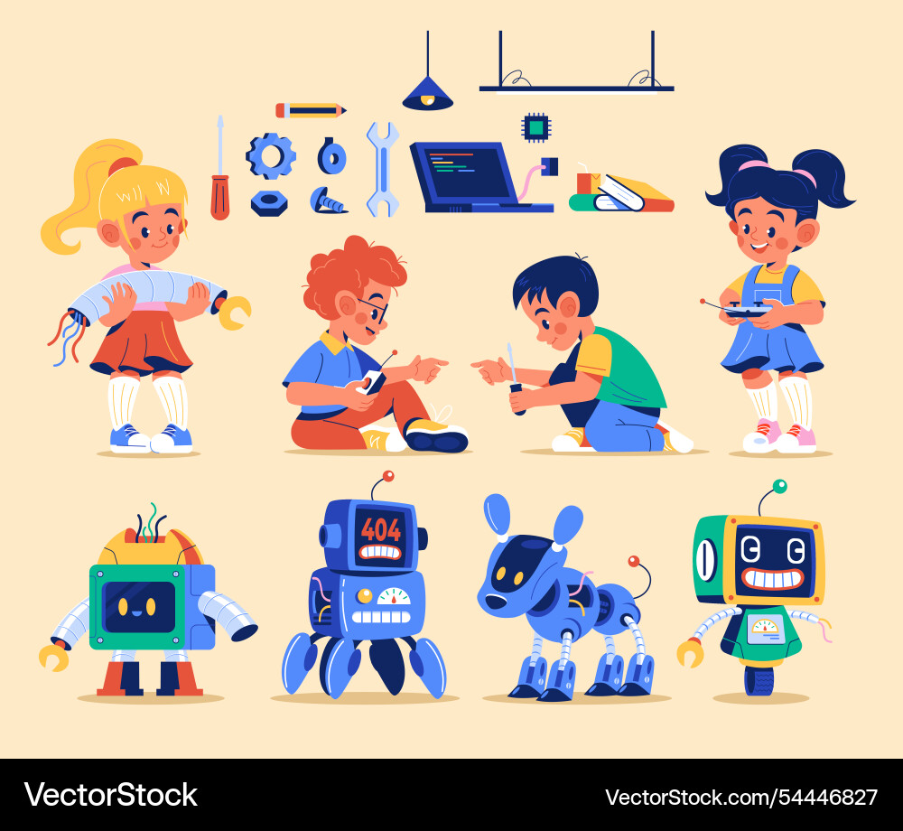 Children building robots with tools and parts Children building robots with tools and parts vector image