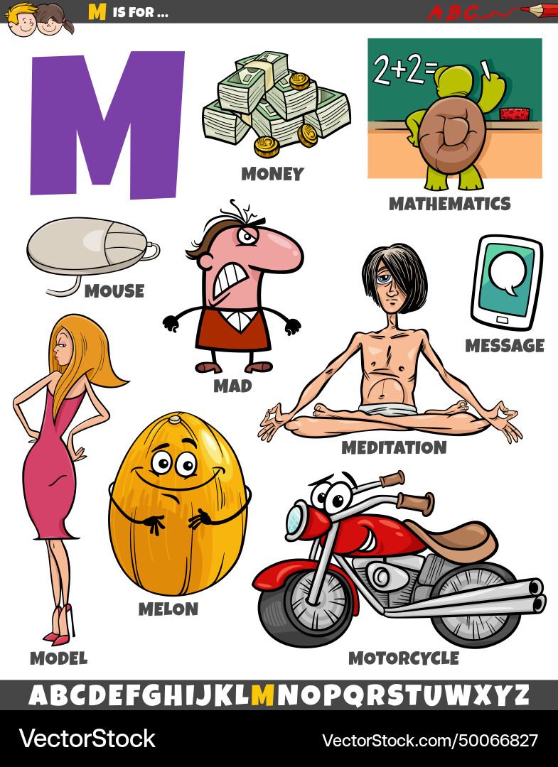 Letter m set with cartoon objects and characters Letter m set with cartoon objects and characters vector image