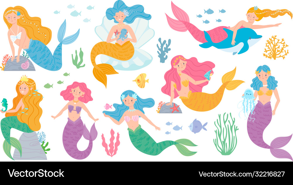 Mermaid cute mythical princess little mermaids Mermaid cute mythical princess little mermaids vector image