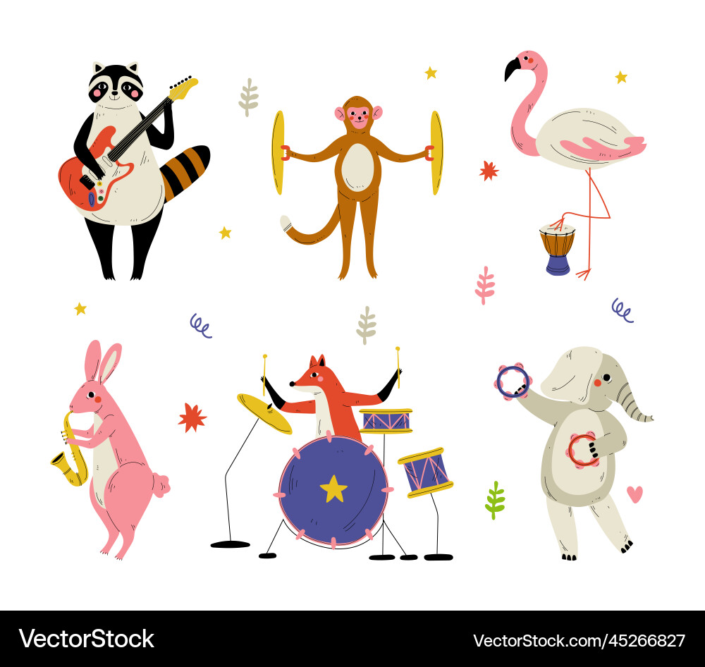 Musical Animals Set - Raccoon, Flamingo, Monkey Vector Image