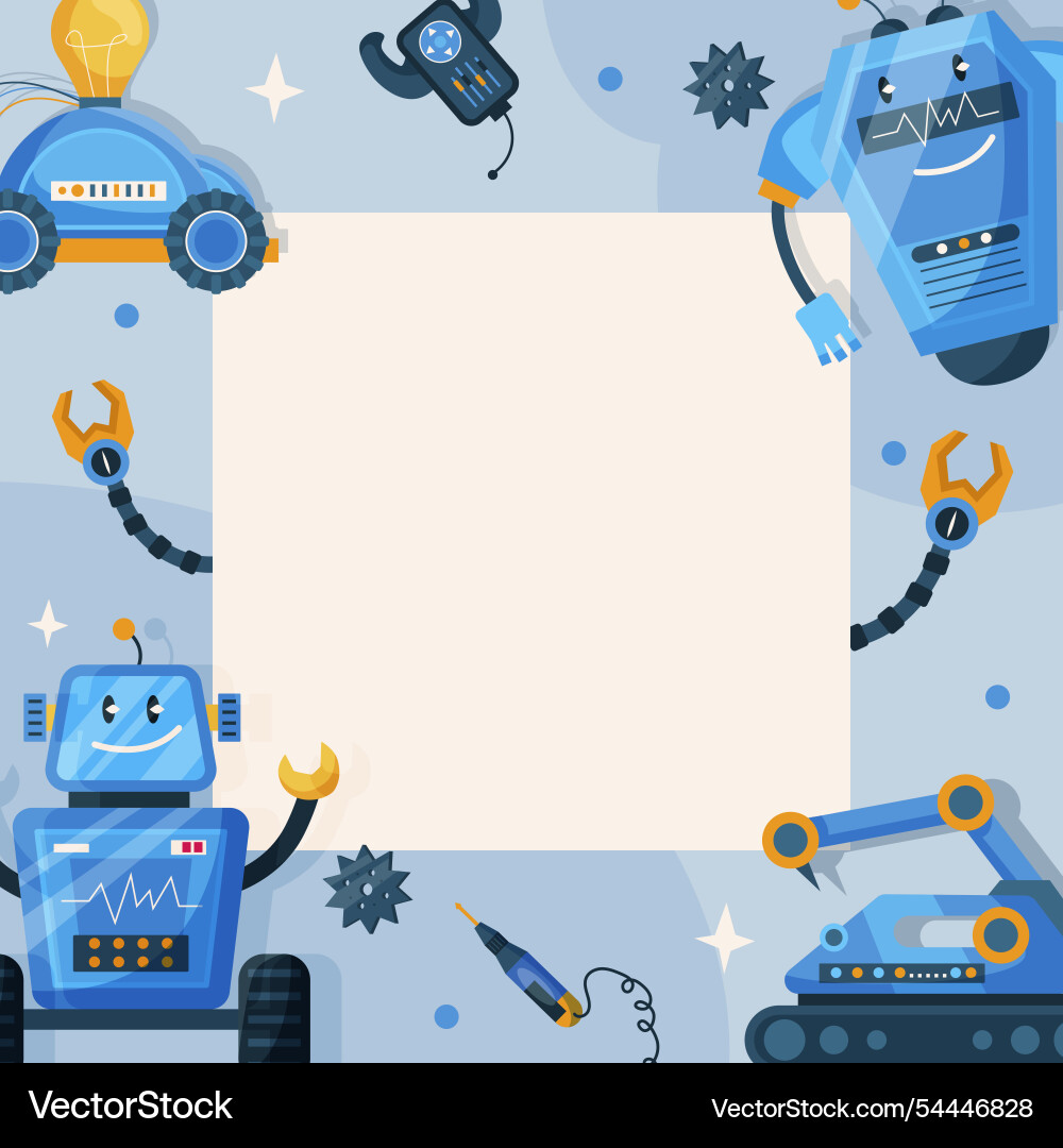 Cartoon robots and gadgets frame with blank space Cartoon robots and gadgets frame with blank space vector image