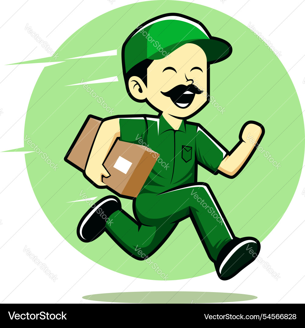 Happy delivery man running fast with package Vector Image