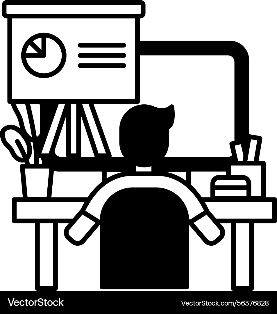 Man is sitting at a desk with computer monitor Man is sitting at a desk with computer monitor Vector Image