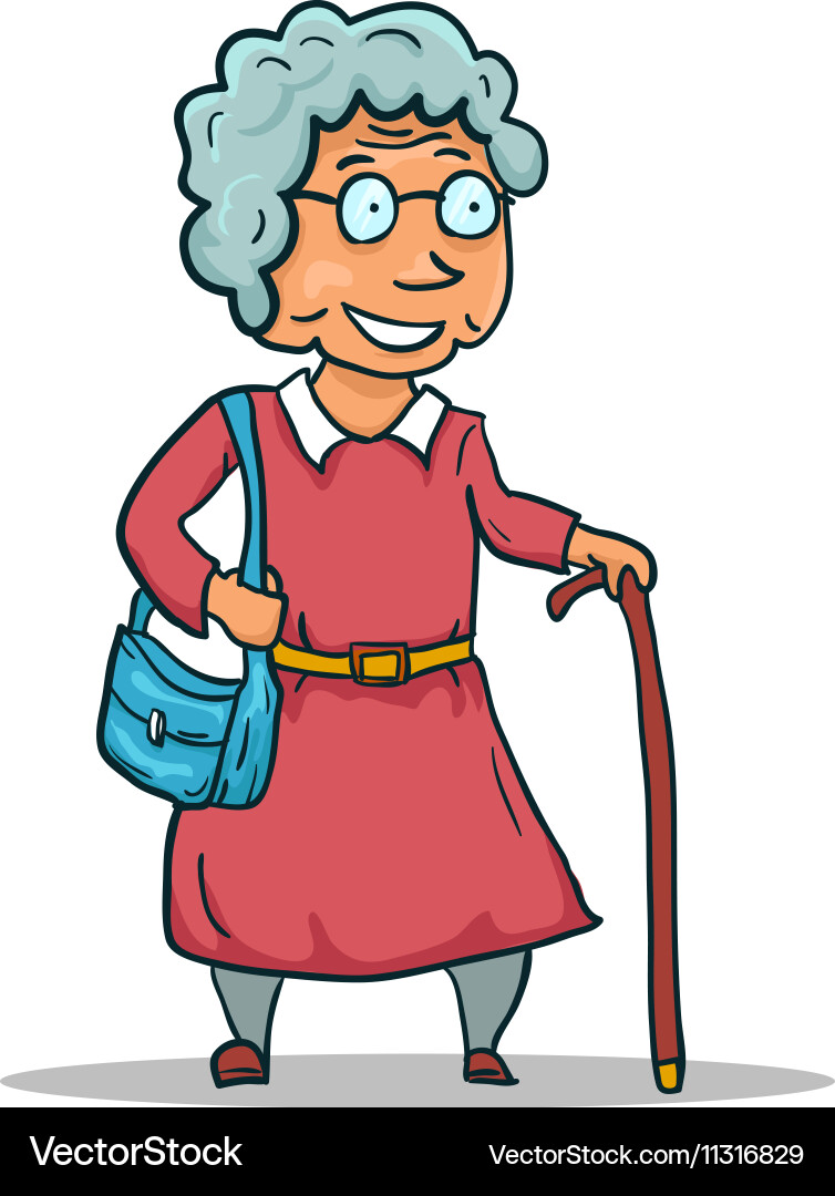 Cartoon Elderly Woman with Walking Stick – Royalty-Free Vector | VectorStock, image size:754x1080