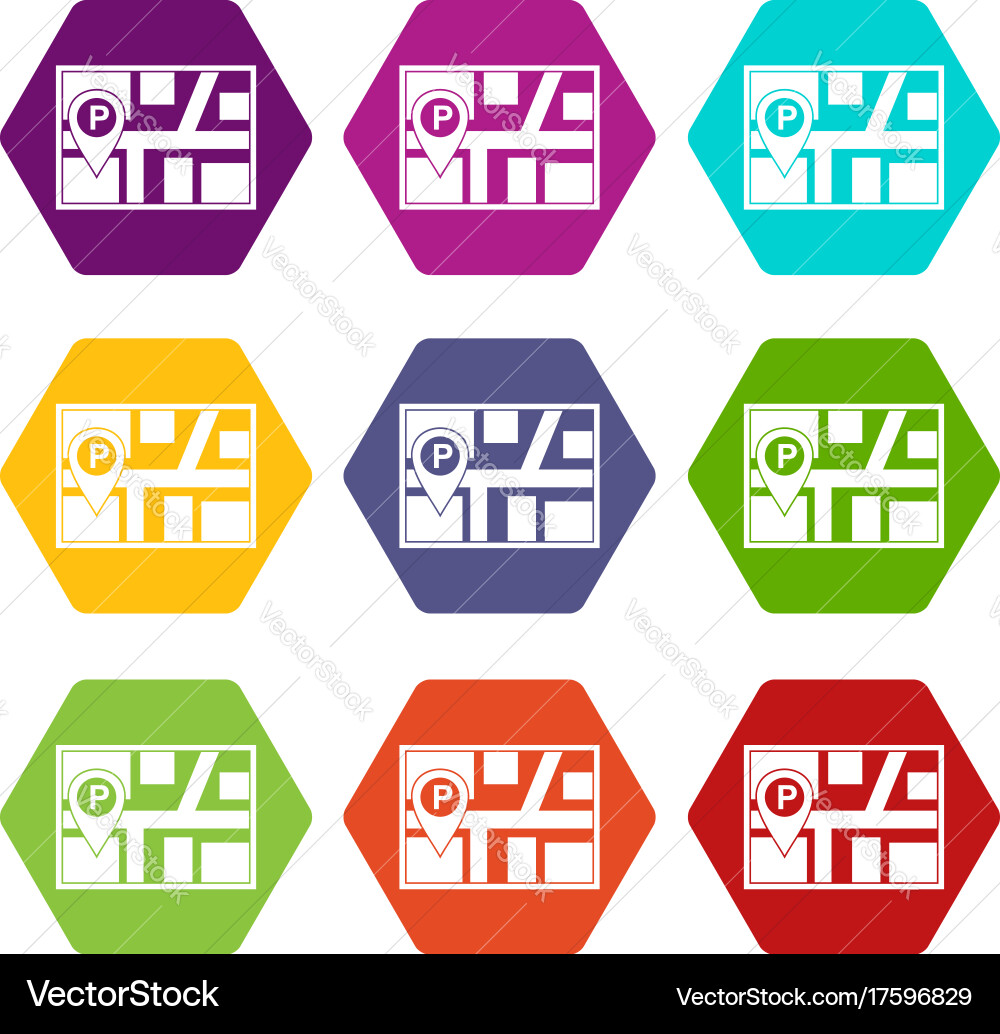 Map with car parking pointer icon set color vector image