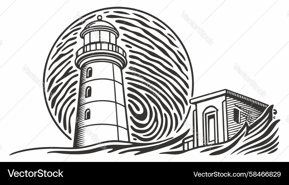 Secure Beacon: Fingerprint Lighthouse Vector Image