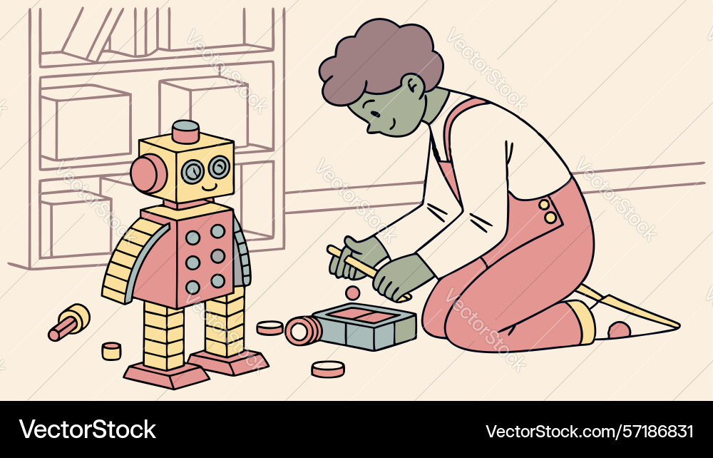 Child assembling a robot toy or model design Vector Image