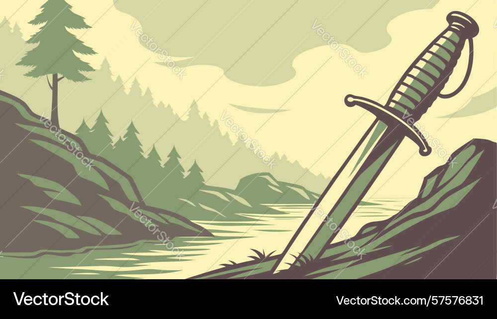 Classic dagger embedded in a lush forest path Vector Image