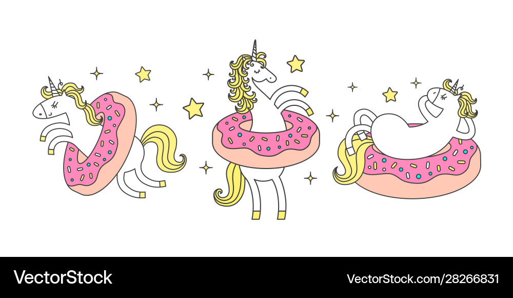 Set lustige Einhorn in Donuts Cartoon Stil niedlich Set lustige Einhorn in Donuts Cartoon Stil niedlich vektorbild