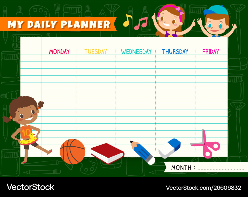 Daily planner with cute kids cartoon characters Daily planner with cute kids cartoon characters vector image