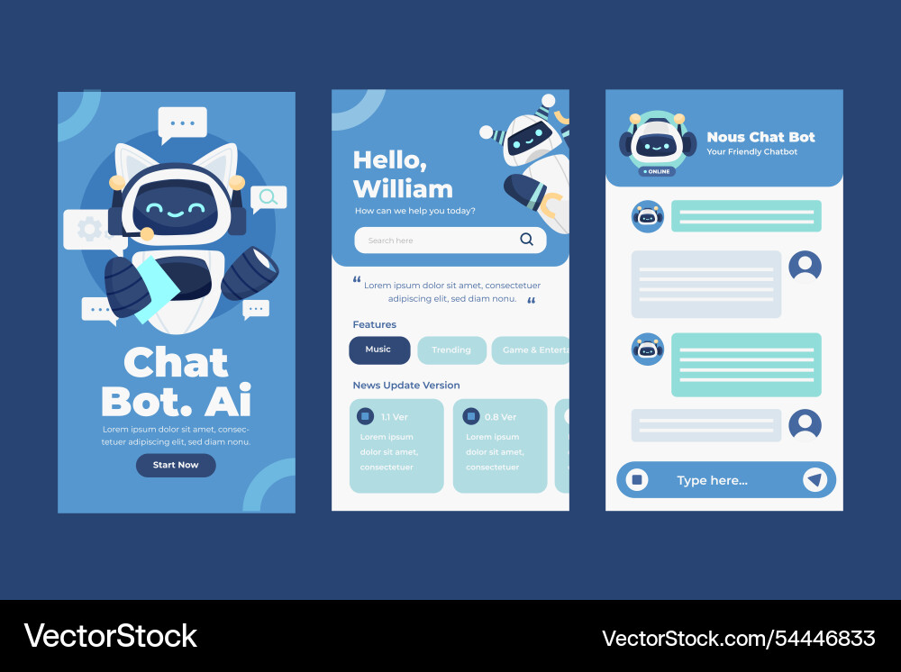 Chatbot app interface with robot character Chatbot app interface with robot character vector image