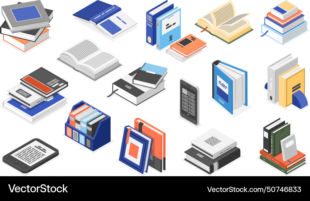 Isometric library books digital and paper book vector image